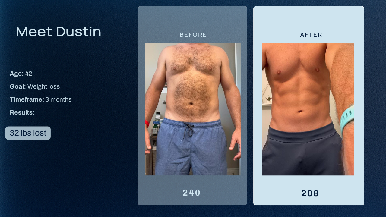 Dustin before and after — 240 lbs to 208 lbs in 3 months